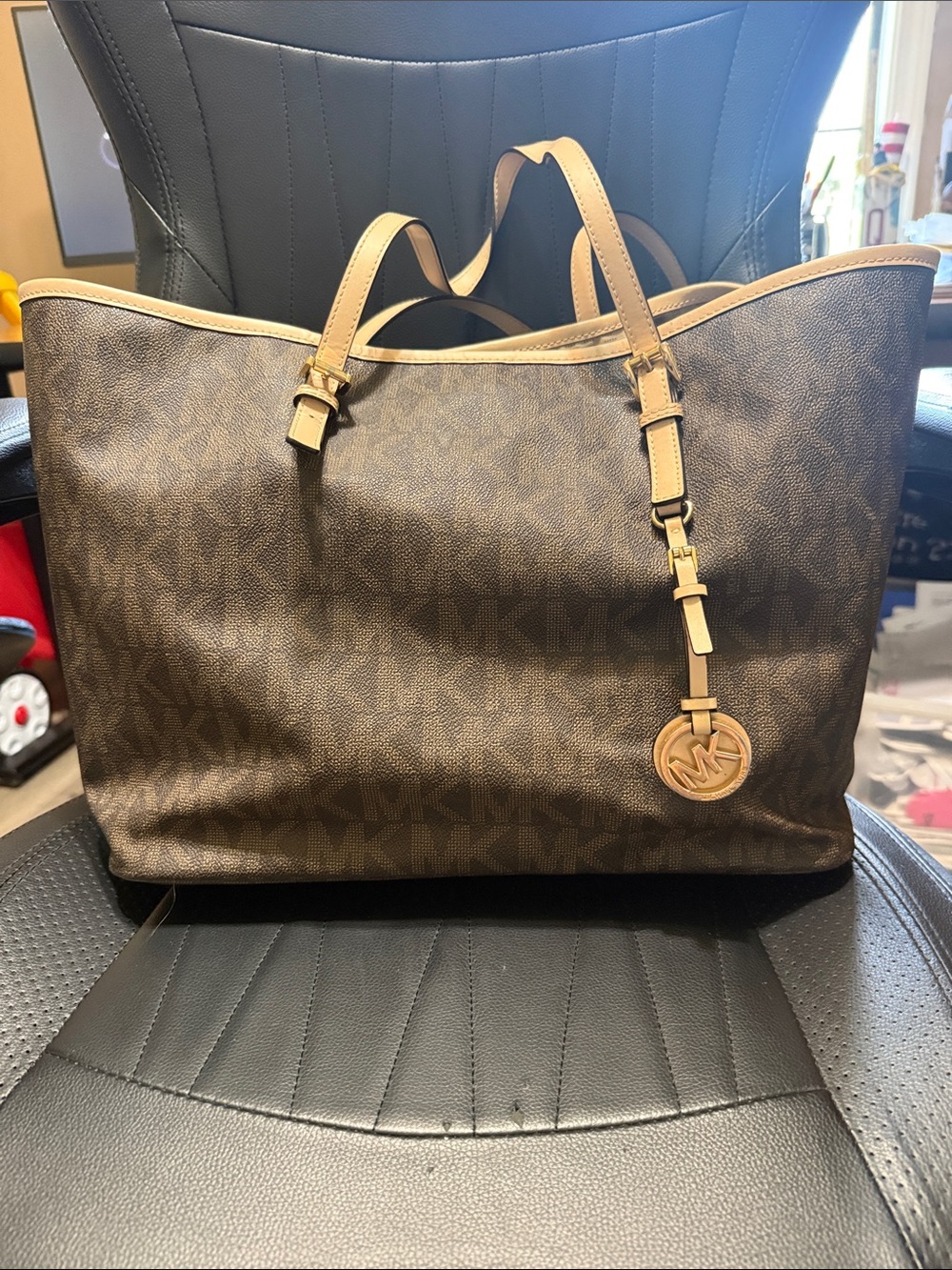 Michael Kors Jet Set Large Brown Signature Monogram Tote Bag with Gold Charm
